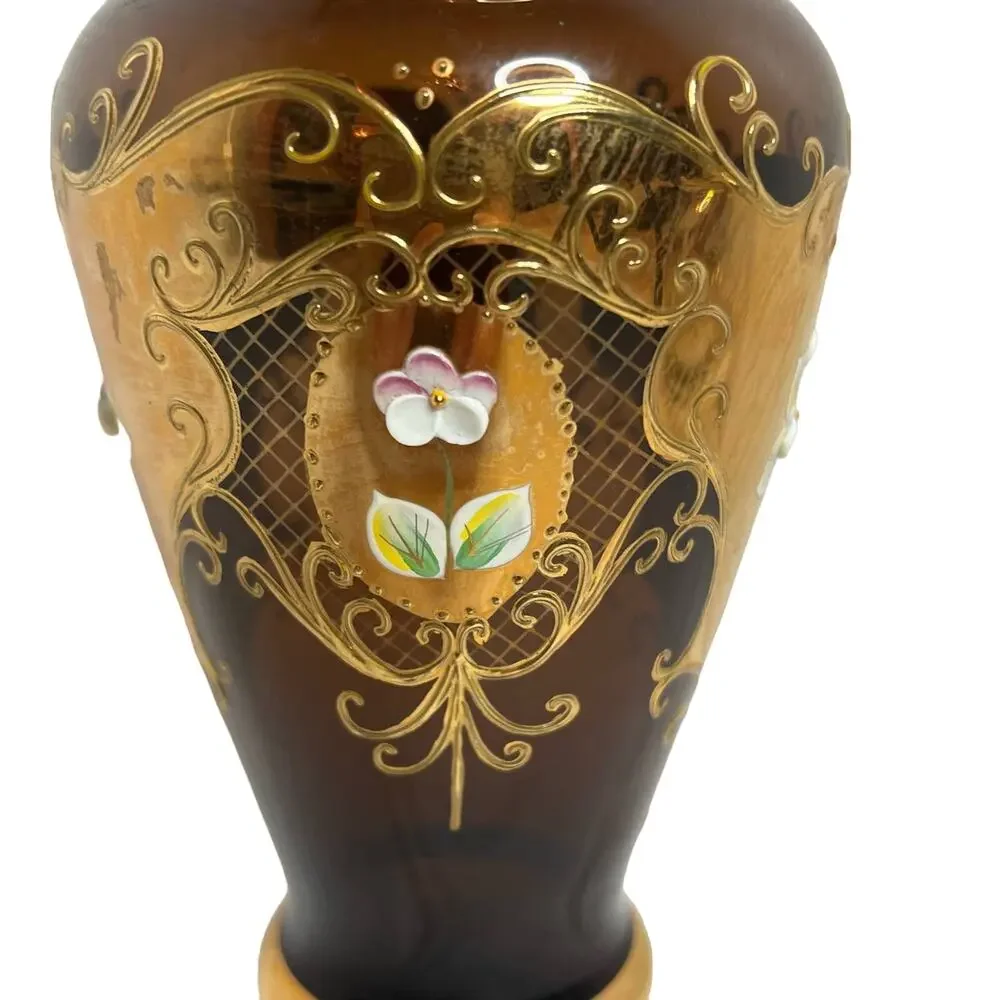 Slovakia Brown & Gold Flowered Handcrafted Decorated Vase